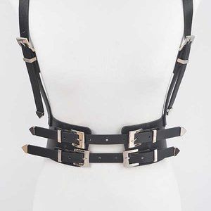 Plus Size Harness Belt Suspender Large Faux Leather Buckle - Black/Silver